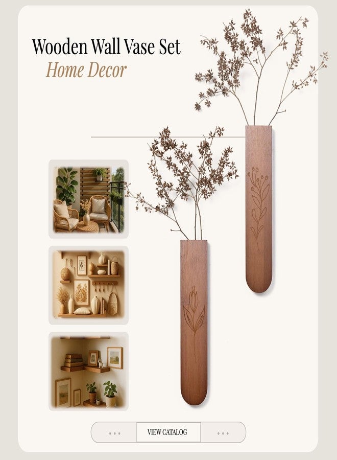 WOPARTY Wood Wall Vase Set of 2, 11.6 x 2.52 x 1.37 inch for Dried Flowers and Faux Greenery Plants for Bathroom,Kitchen,Farmhouse,Dining Room Wall Decor （Brown - Image 3